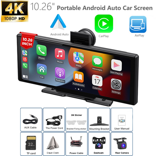 【10.26"】 4K HD Wireless Apple CarPlay Screen/Android Auto/Mirror Link - For All Cars - IPS Touch Screen Dashcam & Backup Camera - Voice Control, Bluetooth,Car Multimedia Player